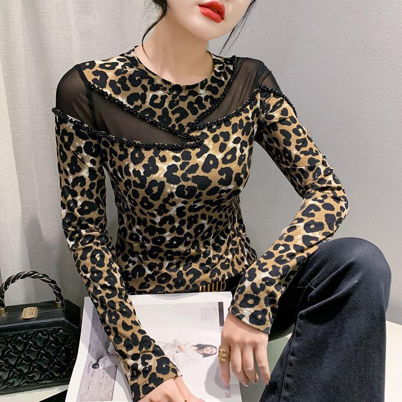 Леопардовый топ с длинным рукавом, винтажная удобная эластичная облегающая кофта-джемпер, кружевные топы
