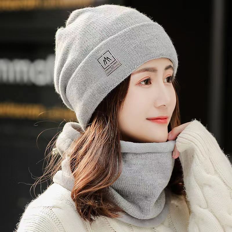 Women Knitted Beanie+Scarf Sets Thicken Velvet Lining Pullover Cap Unisex Winter Warm Plush Bonnet Neck Protection Scarves Hat