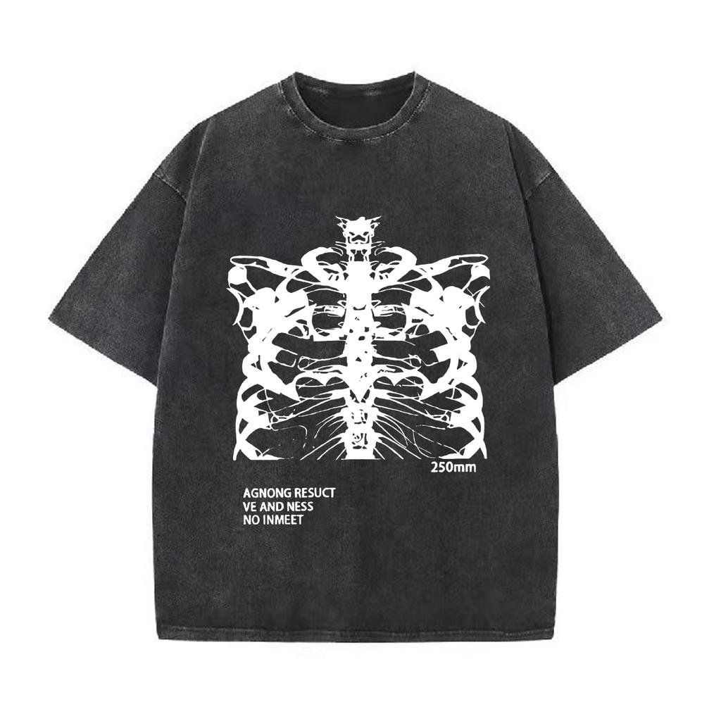 Retro Washed Vintage T-Shirt Blsack Tops Skeleton T-Shirt High Quality T Shirts Summer Oversized Short Sleeve Clothes