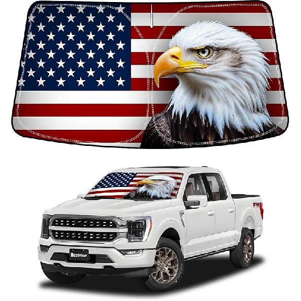 Bestview American Flag Windshield Sunshade For 2017-2025 Ford F250 F350 F450 F550, Fit Foldable Front Window Sunshade Sun Visor Accessories Protector