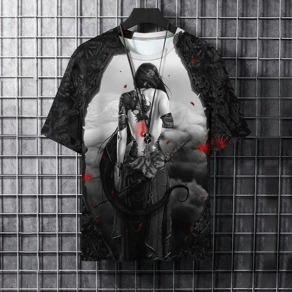Летняя мужская футболка, модная самурайская татуировка, 3D принт, графический тренд, повседневная уличная одежда в стиле Харадзюку с круглым вырезом, хип-хоп, негабаритная одежда