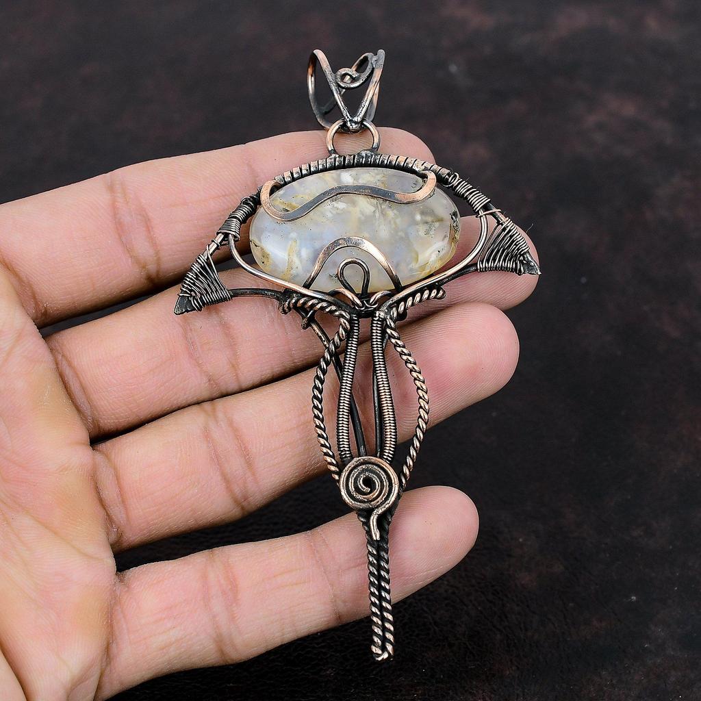 Подвеска из агата с перьями, Подвеска, оплетенная медной проволокой, Стильная подвеска, Ювелирное изделие из драгоценного камня агата с перьями, Подвеска ручной работы, Медные украшения, Подарок для мамы