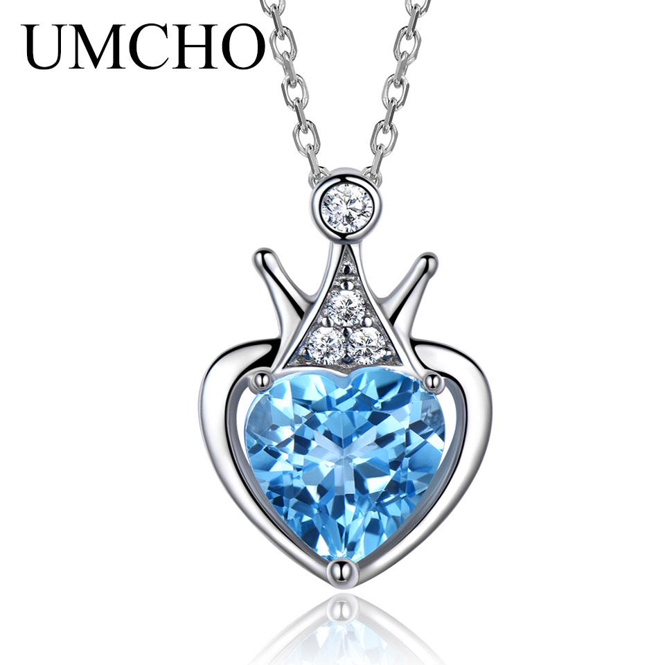 Umcho 2.25ct Natural Blue Topaz Gemstone Pendants For Women Heart Jewelry Wedding Valentine's Day Gift