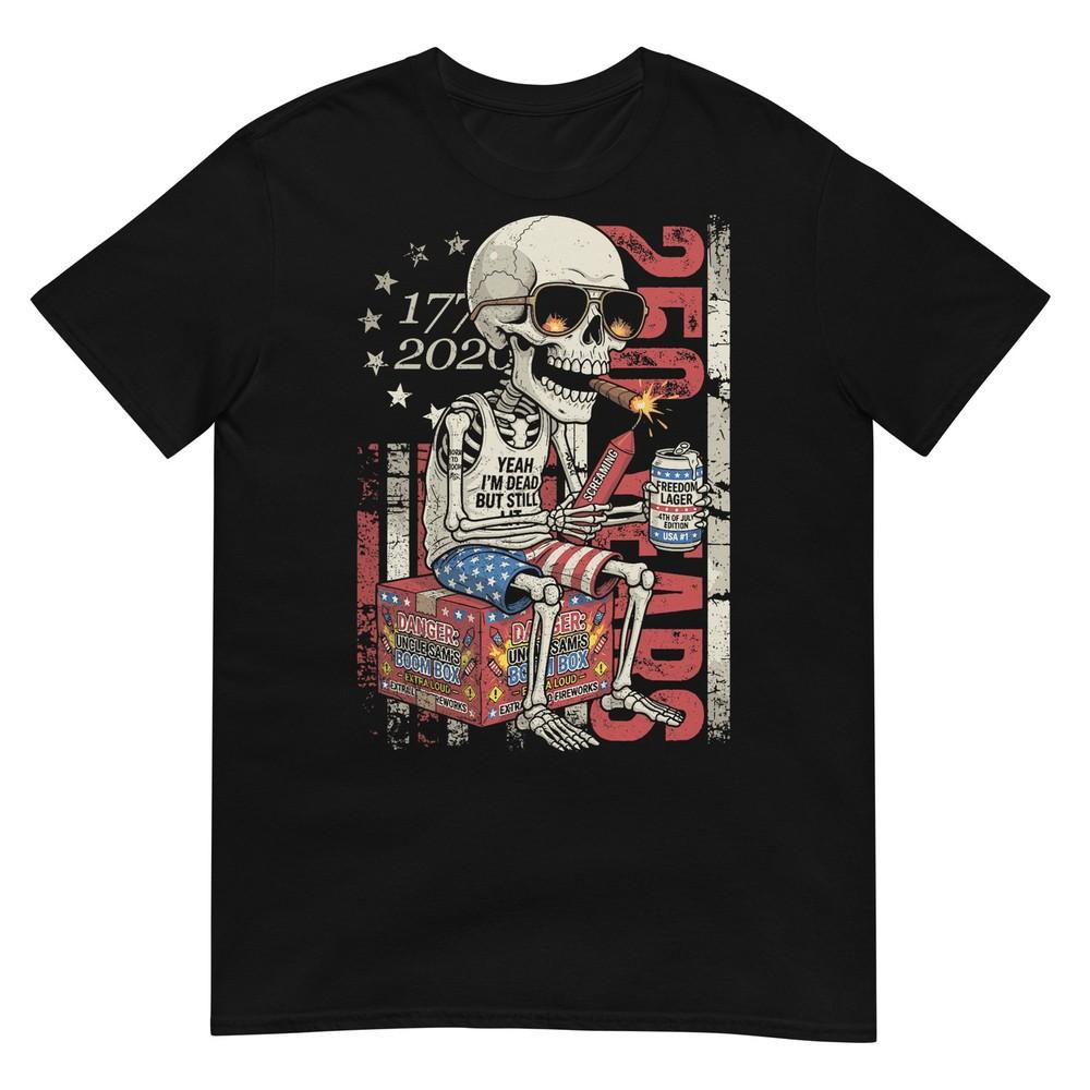 250 Years Funny Skeleton Fireworks American Flag 4th Of July Tshirt