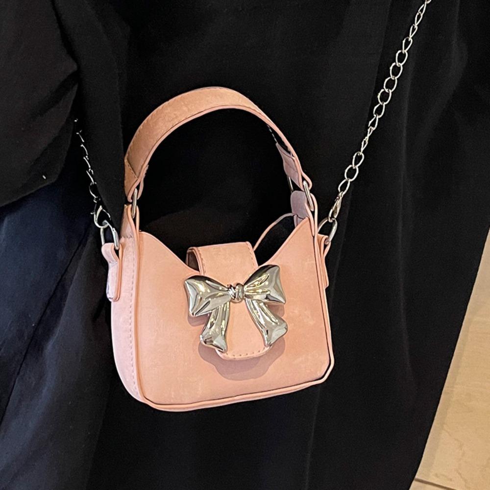 Handbag Bow Buckle PU Bag Pu Leather Women's Shoulder Bag Casual Silver Bucket Bag Storage phone