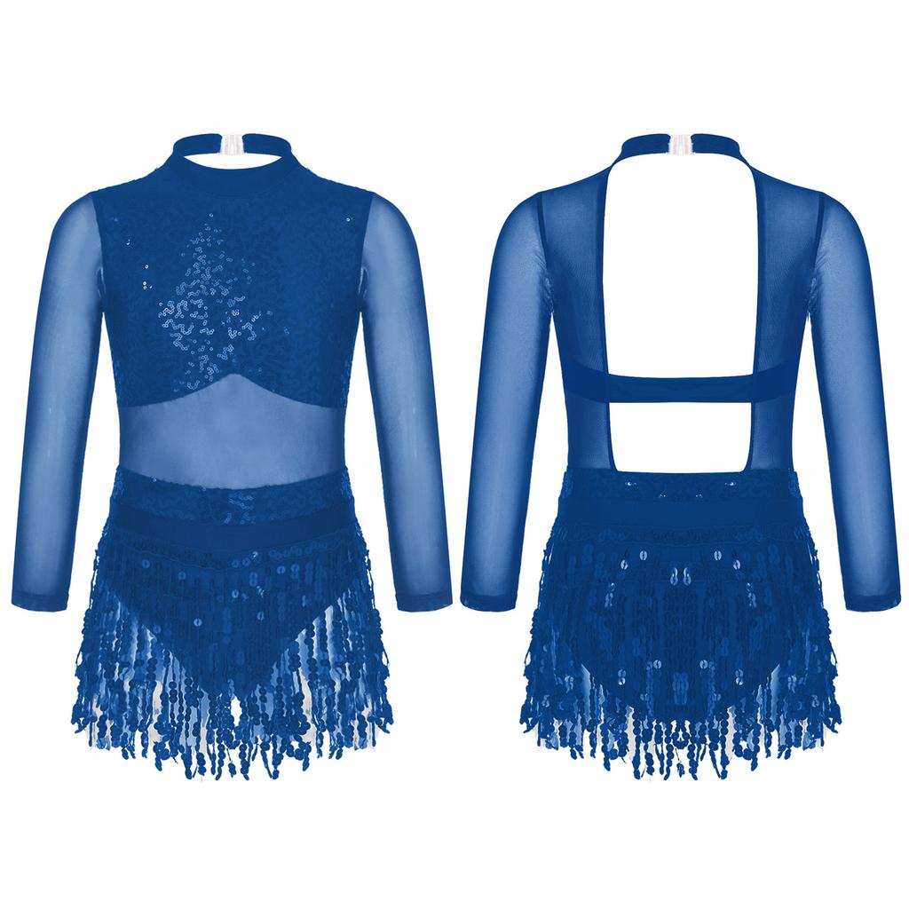 Детское платье для танцев для девочек, блестящие пайетки, бахрома по подолу, стиль пэчворк, трико, танцевальная одежда, сценическая одежда