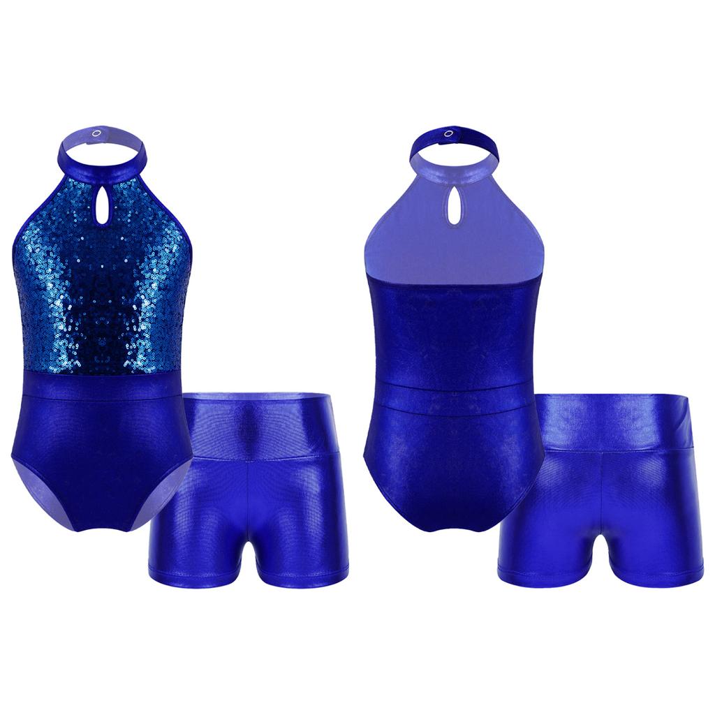 Детский лоскутный купальник без рукавов для девочек с блестящими пайетками и шортами для соревнований по танцевальной гимнастике