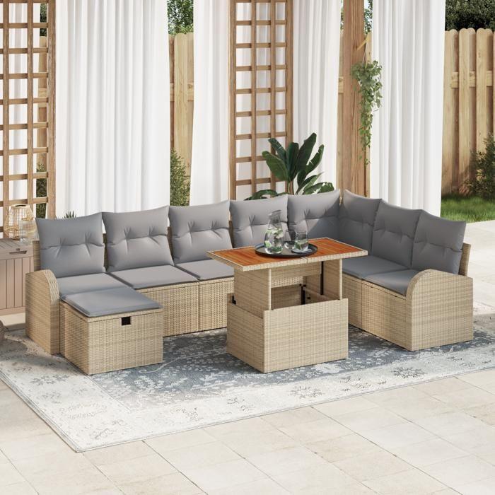 VidaXL Ensemble de Canapés de Jardin 9 Pièces avec Coussins Beige Poly Rattan 3359983