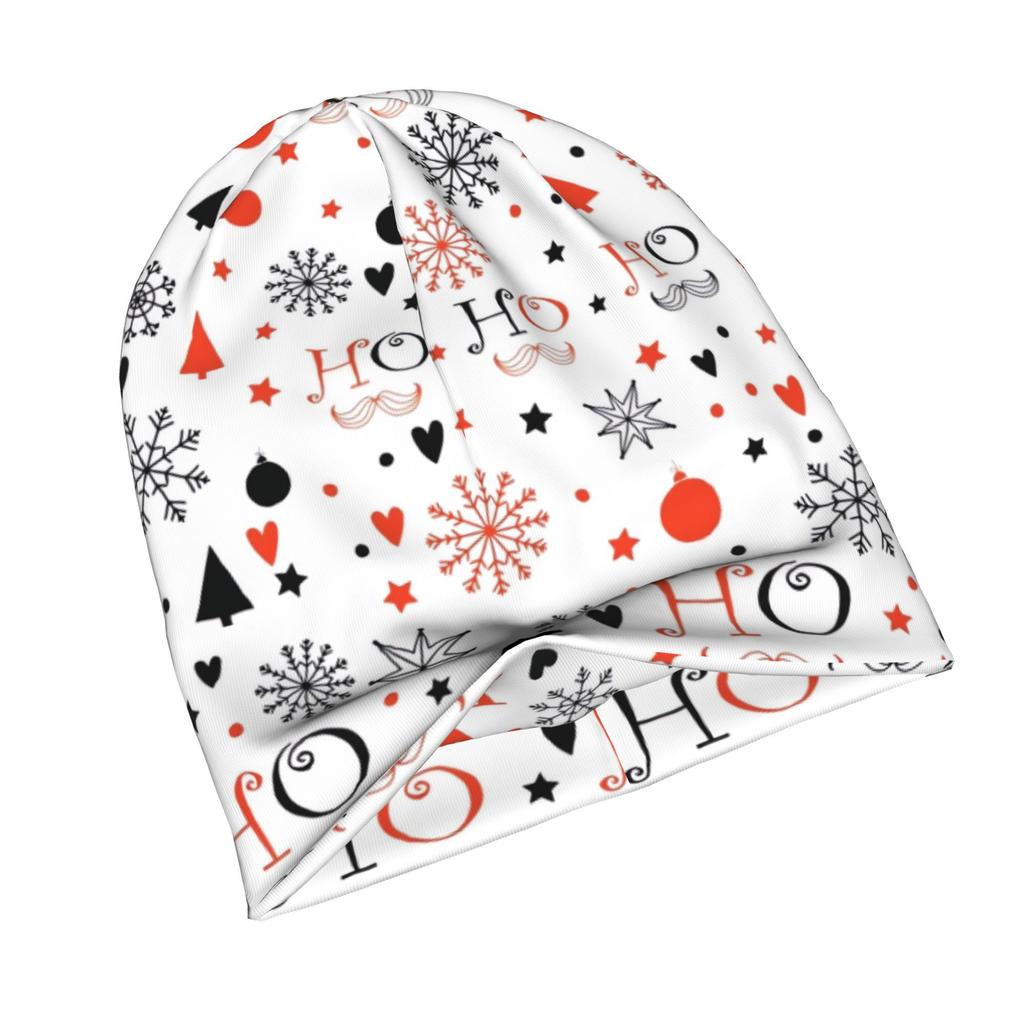 2D Flat Printing Christmas Background with Ho Ho Ho Lettering Adult Knit Beanie with Easy Modern Style Fits Effortlessly Into Seasonal Wardrobes And P