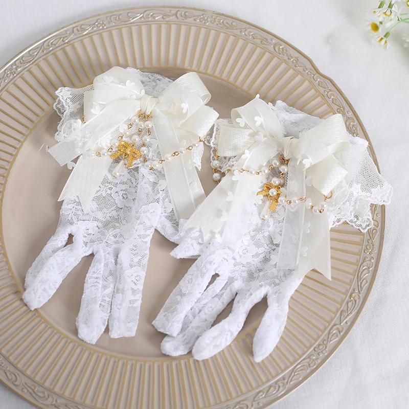 Lolita Gothic Lace Wrist Gloves Women Harajuku Style Bowknot Bead Chain Pendant JK Gloves Bridal Wedding Party Glove Accessories
