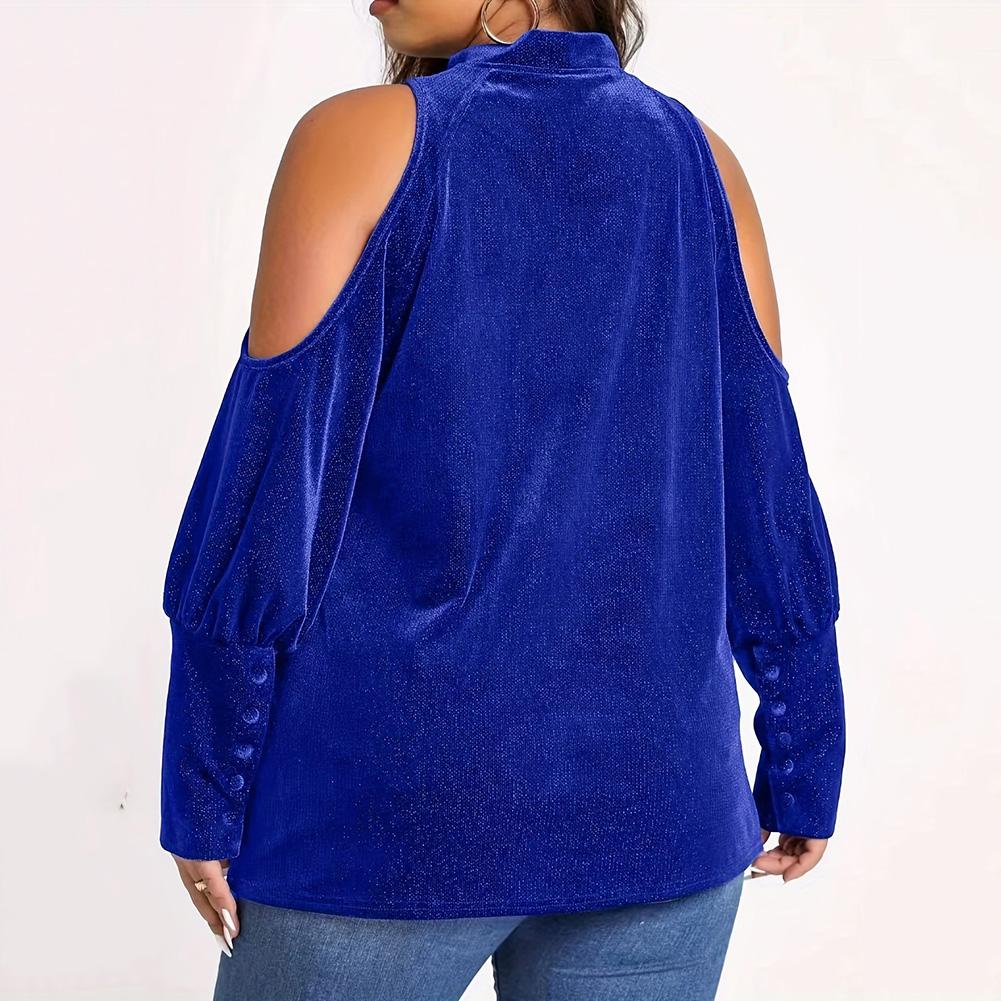 Womens Sexy Plus Size Blouse Velour Cutout Shoulder Shirt V Neck Long Sleeve Pullover Tops
