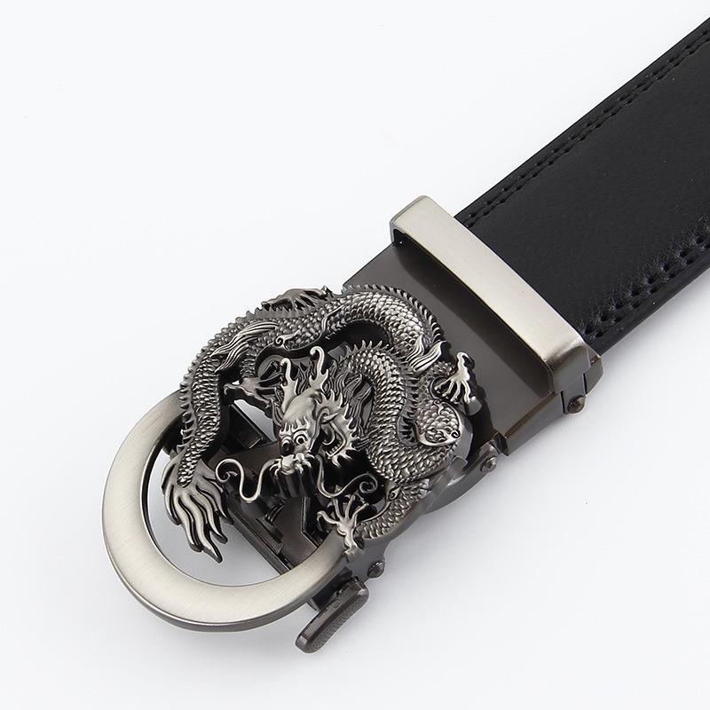 Men's Dragon-Shaped Genuine Cowhide Belt with Automatic Buckle, 14-Grain Two-Layer, Business Casual.