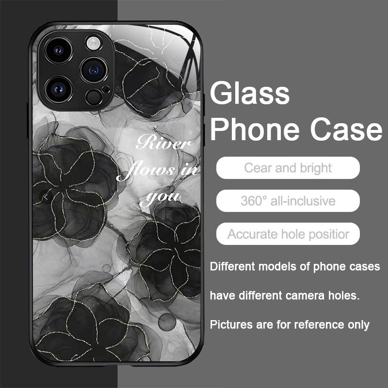 Luxury Black Rose Flower Graphic Tempered Glass Phone Case for IPhone 16 Pro Max 15 14 13 12 Mini 11 XS XR 7 8 Plus Hard Covers