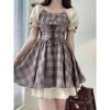 Women's Fresh Plaid Square Neck Waist-Hugging Summer Dress with Lace-Up Short Skirt and Sweet Academy Style