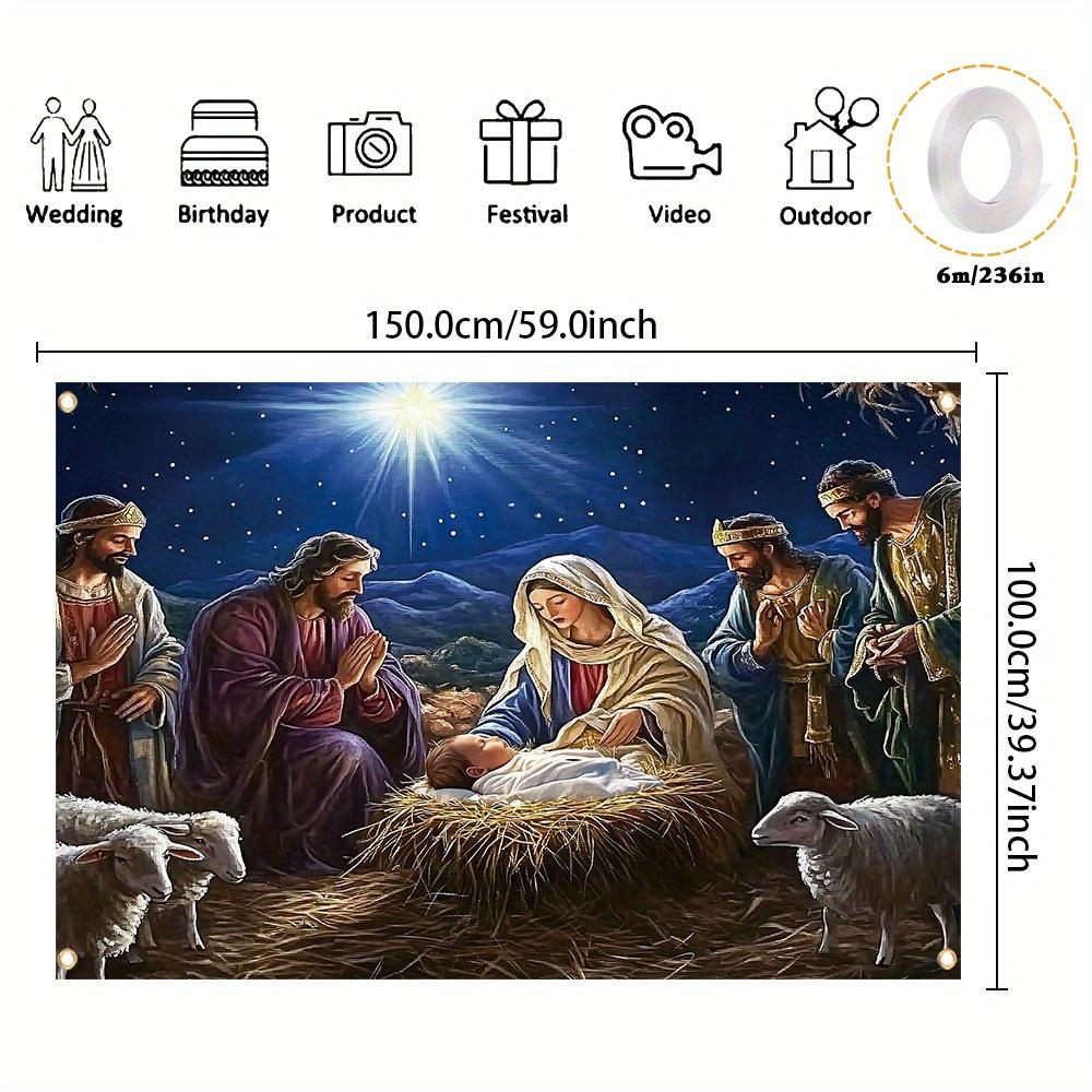 1 piece "Merry Christmas" decorative banner polyester pendant Jesus manger birth scene pattern party home decoration