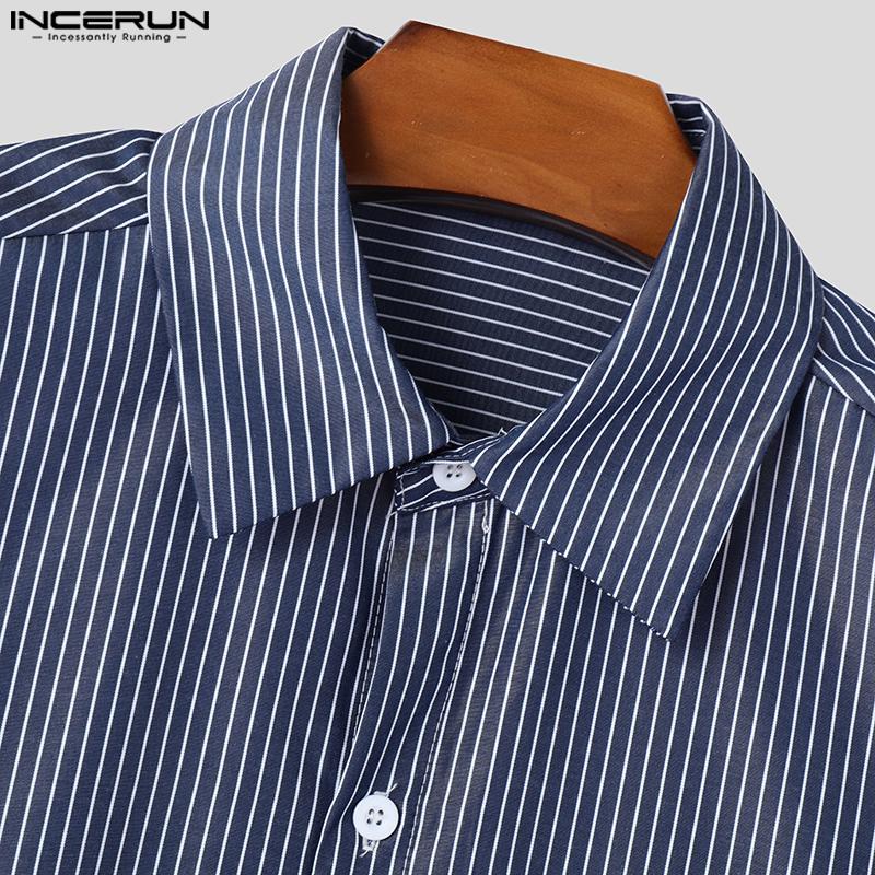 INCERUN Spring Summer Men Lapel Long Sleeve Striped Print Shirts Oversized Tops