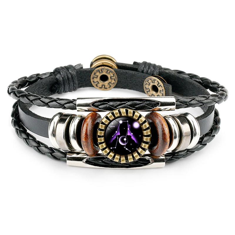 12 созвездий Знак зодиака Черный плетеный кожаный браслет Рак Лев Дева Весы плетеный стеклянный купол ювелирные изделия панк мужской браслет