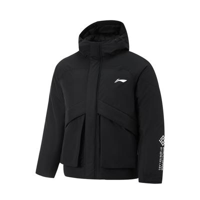 Li Ning Баскетбольная серия Однотонная спортивная повседневная простая пуховая куртка с капюшоном Мужская верхняя одежда Черный AYMU463-1