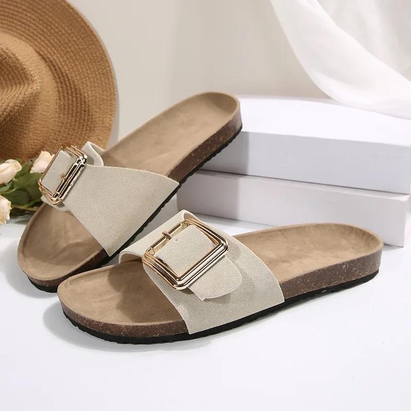 2026 Женская обувь Открытый носок Женские шлепанцы Новая пряжка-застежка Повседневные шлепанцы Женские летние Однотонные Большого размера Шлепанцы на плоской подошве