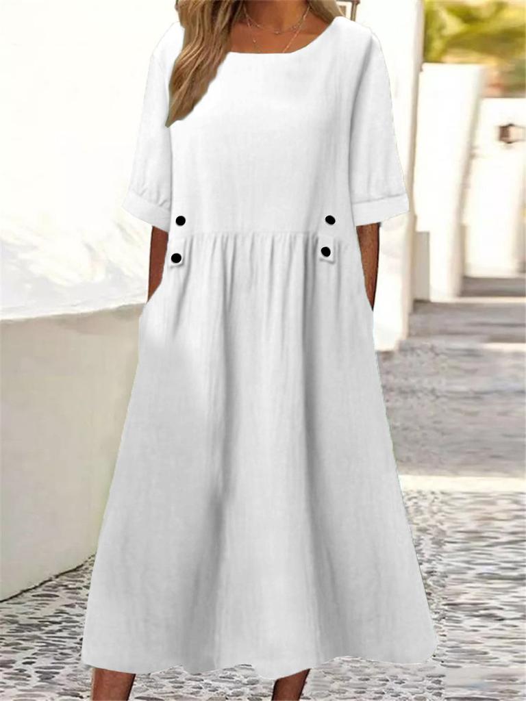 Loose Fit Dress Midi Dress with Pocket A-line Silhouette O Neckline Short Sleeves Dress