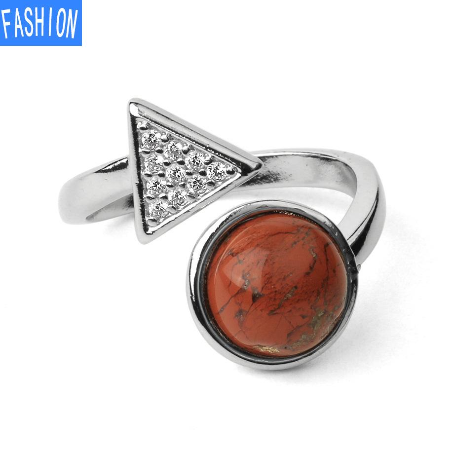 Natural Stone Round Crystal Triangle Adjustable Ring Gift for Women