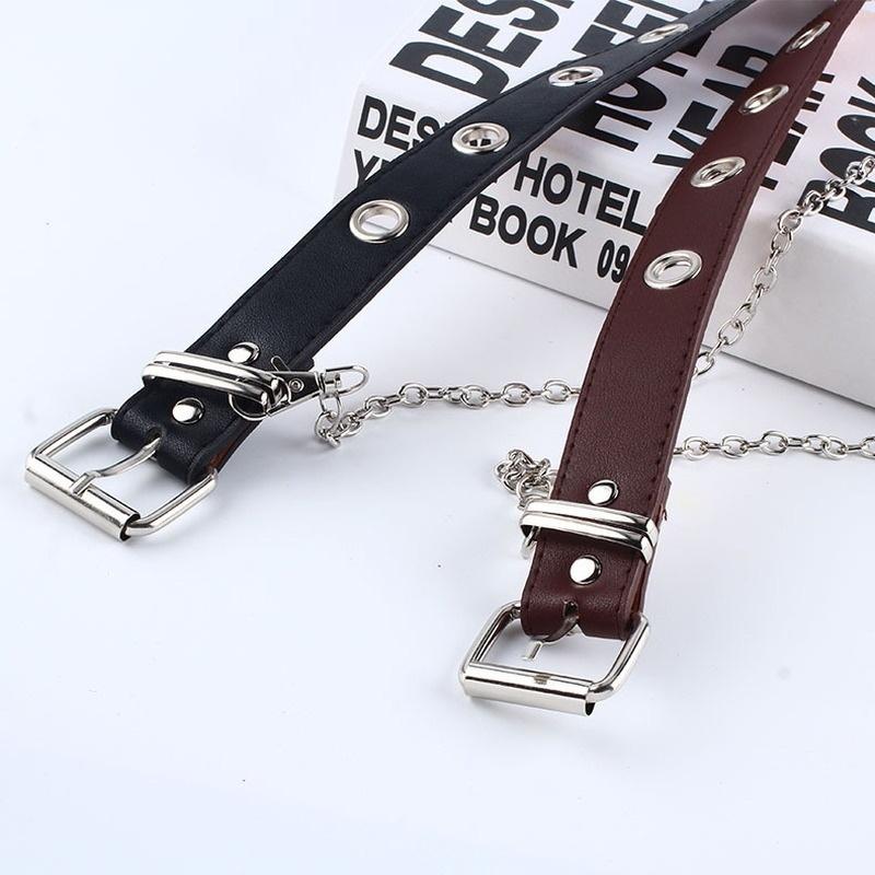 Women Punk Chain Belt Adjustable Black Double/Single Eyelet Grommet Metal Buckle Leather Waistband for Jeans