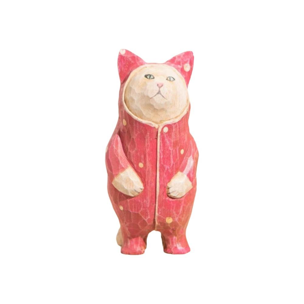 Handmade Wood Carving Cat Ornament Cartoon Cat Figurines Painted Cat Sculpture  Home Decoration
