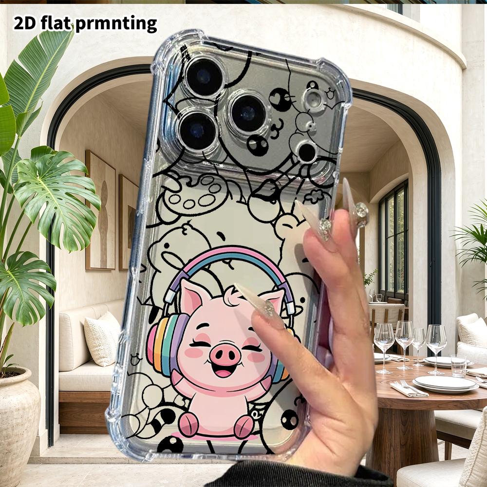 Phone case: 2D flat, suitable for iPhone 18 17 16 15 14 13 Pro protective case, little pig earphones, perfect Christmas and Halloween holiday gift