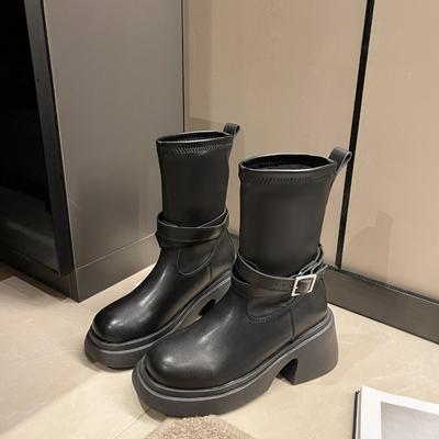 2024 Новые осенние однотонные высокие кожаные ботинки на танкетке, короткие ботинки, женские зимние теплые ботинки, спортивная обувь на толстой подошве