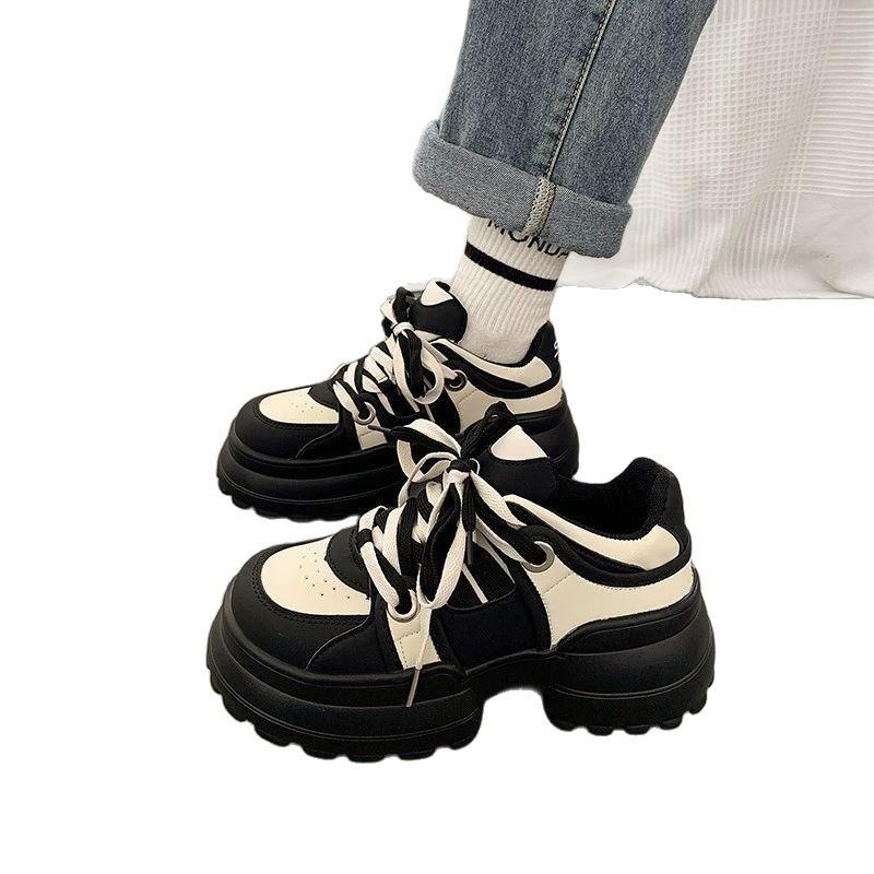 Muffin Platform Bread Shoes Women's Shoes Versatile New Small Man Showing Feet Small Dad Shoes Black and White Panda Shoes
