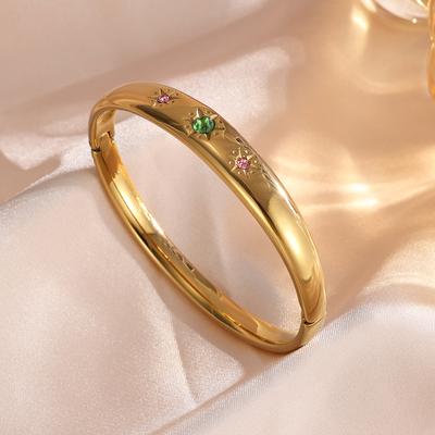 ZAKOL Роскошный цвет 18К золота Нержавеющая сталь Открытые браслеты Инкрустированные разноцветным цирконом Очаровательный Водонепроницаемый Женский циркон Подарок