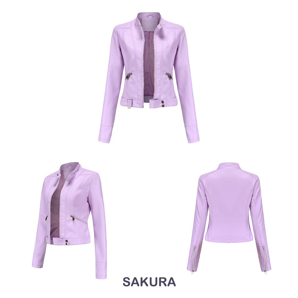 Женская кожаная куртка со стойкой воротником 2021 года - Короткая, легкая и идеальная для весны/осени