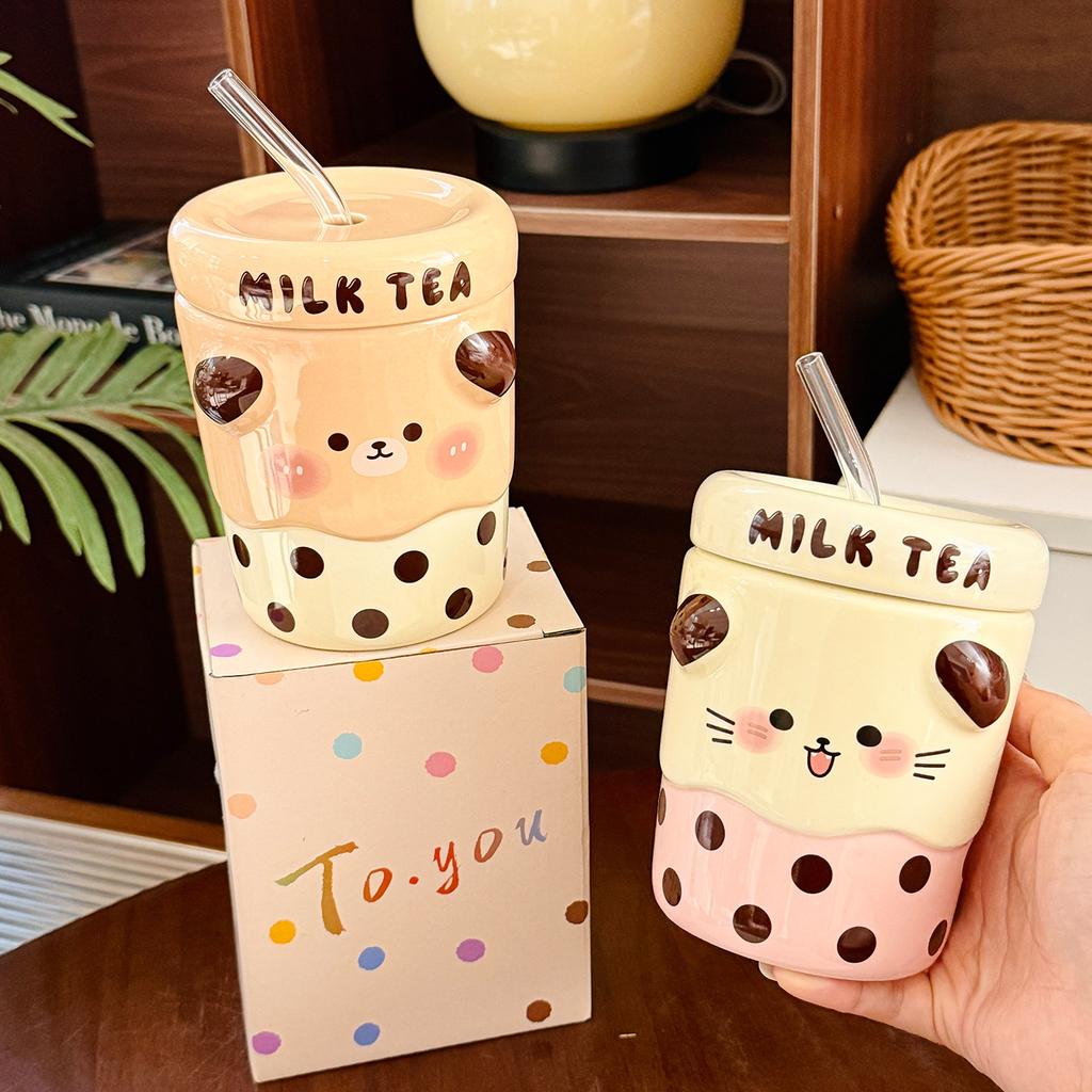 Cute Polka Dot Animal Ceramic Straw Cup with Lid Children's Household Cup  Girly Heart Creative Gift Souvenir