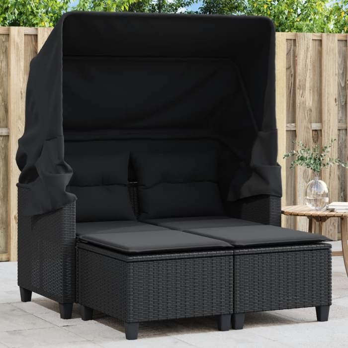 VidaXL 2-Seater Garden Sofa with Canopy and Stools, Patio Seat, Outdoor Balco Terrace Furniture, Black Resin 365781