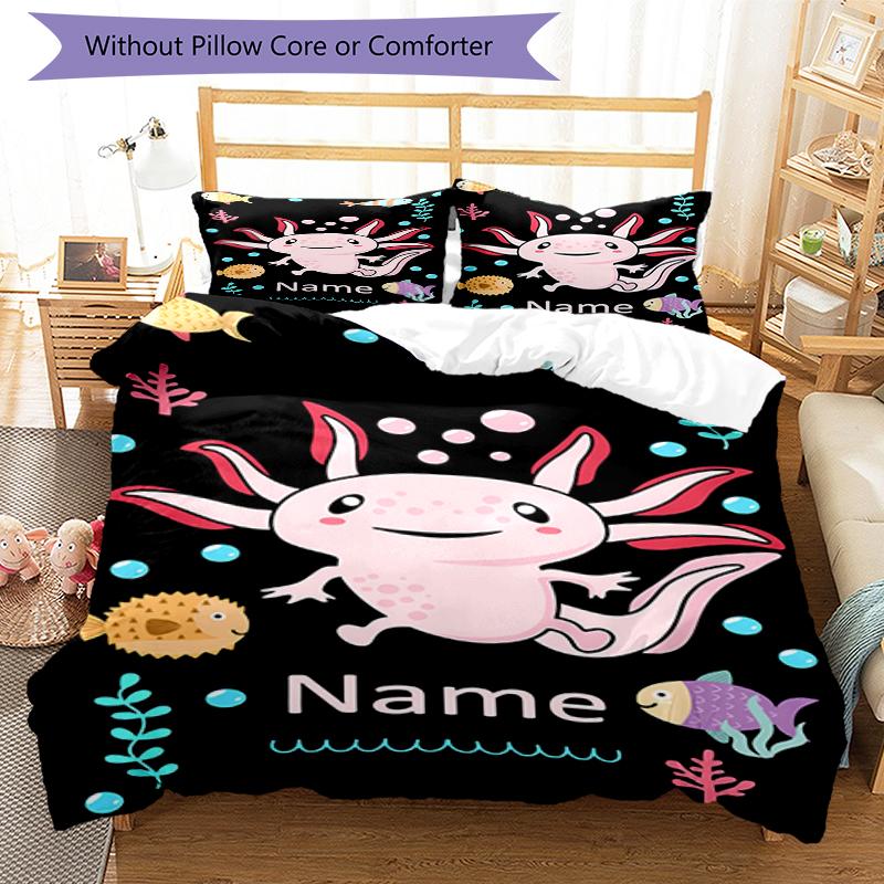 3pcs Custom Name Axolotl Bedding Set Duvet Cover Closure Includes 1 Duvet Cover & 2 Pillowcases, Soft and Comfortable for All Seasons.
