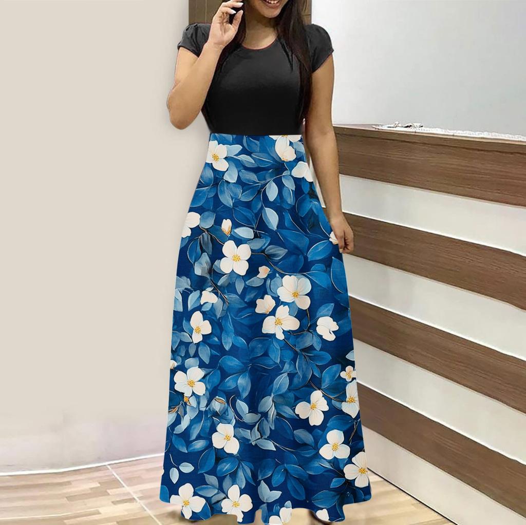 Женская мода повседневные свободные принтованные платья с круглым вырезом и коротким рукавом длинные платья с коротким рукавом длинные платья