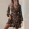 Модное сексуальное платье с V-образным вырезом и леопардовым принтом для женщин, винтажное платье-фонарик с рукавами А-силуэта, свободное повседневное платье для женщин, элегантное короткое платье со шнуровкой и высокой талией 25875