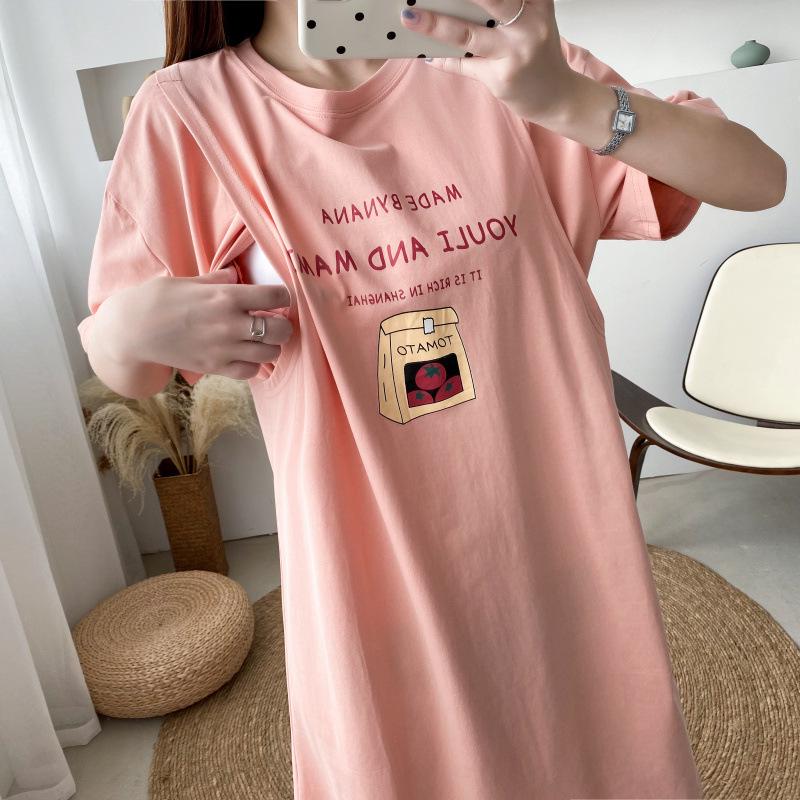 Maternity and Nursing Summer T-Shirts: Fashionable, Loose-Fit, Short-Sleeve Mid-Length Dresses with Printed Designs