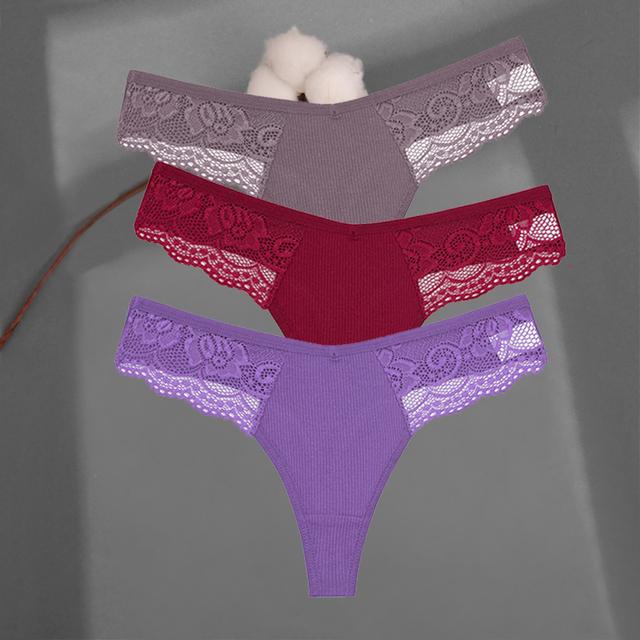 FINETOO Women's Cotton Thongs 3Pcs/set Lace Bikini Underpants S-XL Ladies G-string Underwear Soft Thong Panties Female Lingerie