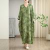 Real Early Autumn New Color Holiday Style Travel V-neck Retro Long Dress Covering Meat Cotton and Linen Dress