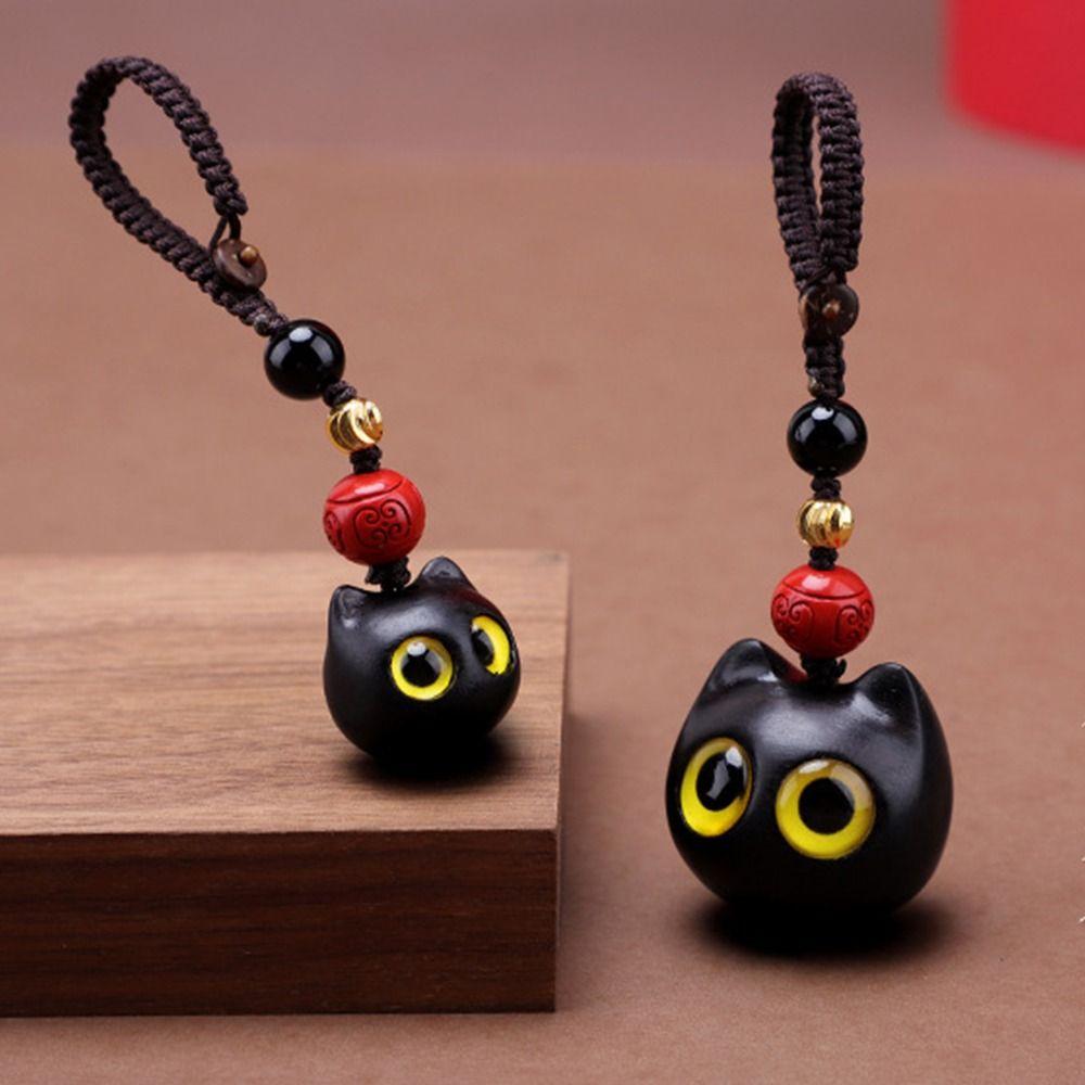 Hand-woven Phone Pendent Sandalwood Key Chain Lucky Cat Pendant Key Chain Strap Mobile Phone Ring