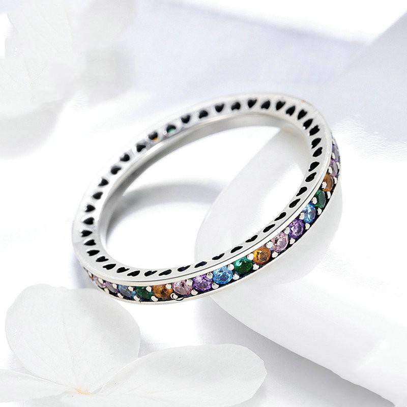 Copper Inlaid Zircon Full Inlaid Colorful Zircon Rainbow Ring Simple And Niche Design Sense Single Row Simple Ring Wholesale