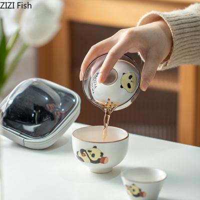 Чайный сервиз Panda Glass Kung Fu, дорожный чайный сервиз, китайский креативный керамический набор для быстрой переноски, одна чашка, две чашки, чайный сервиз для чайной церемонии