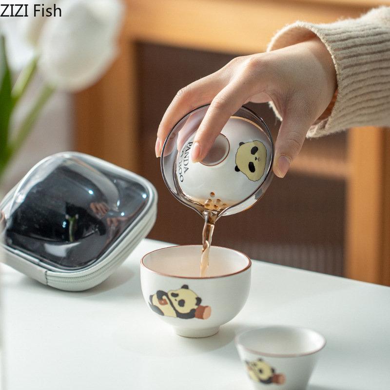 Чайный сервиз Panda Glass Kung Fu, дорожный чайный сервиз, китайский креативный керамический набор для быстрой переноски, одна чашка, две чашки, чайный сервиз для чайной церемонии
