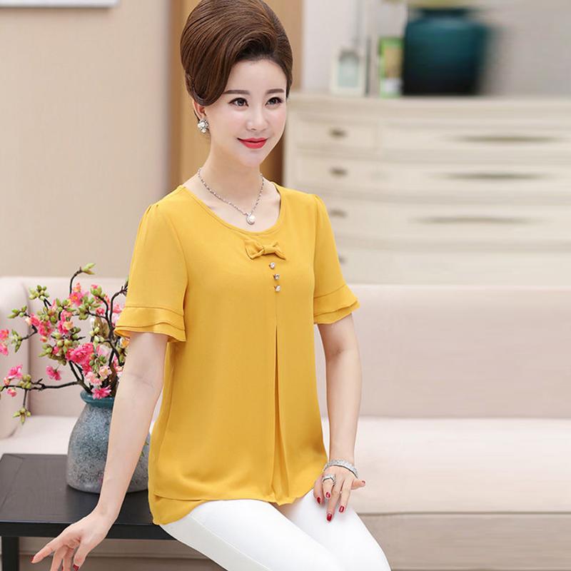 Летняя рубашка среднего возраста, женский топ, большая летняя женская свободная футболка среднего возраста, шифоновая рубашка с короткими рукавами