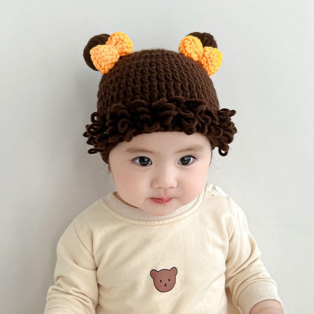 Осенне-зимний парик для малышей, шапка с бантом, шапки-бини для младенцев, парик, детская вязаная шапка, парик, подарок на Новый год