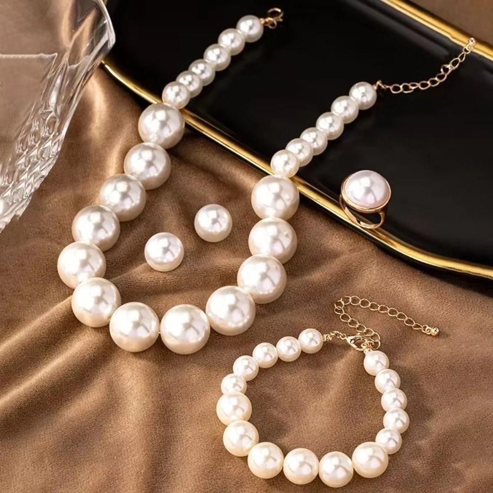 Light Luxury Necklace Bracelet Earring Ring Sets Vintage Style French Pearl Necklace Holiday Gifts