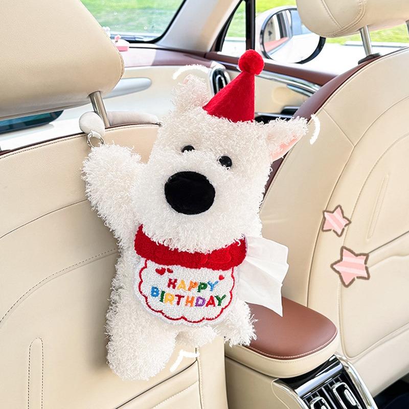 Cute Cartoon Dog Shape Plush Hanging Tissue Box For Car And Home Use