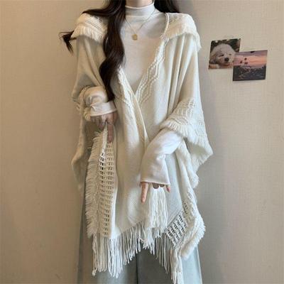 Этническое вязаное пончо-накидка с капюшоном и кисточками - Женская осенне-зимняя верхняя одежда для путешествий и фотосессий