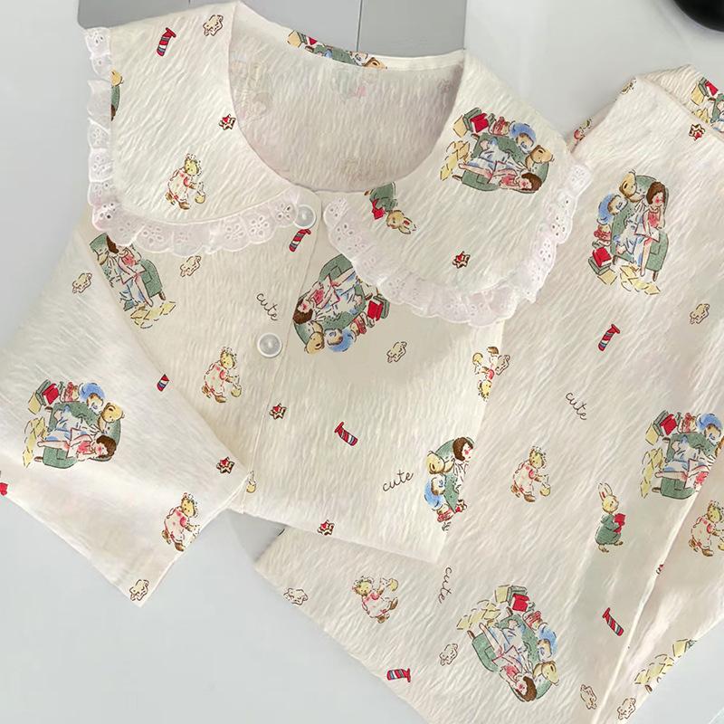 Cloud Cotton Pajamas Women'S Long-Sleeved Cute Wind Cartoon Lace Doll Collar Loungewear Set
